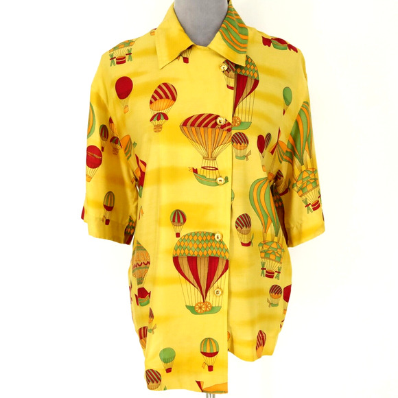 Laurel Escada Top Womens 8 US 36 Silk Blend Yellow Red Blouse Asymmetric Hem Vtg - Picture 1 of 13